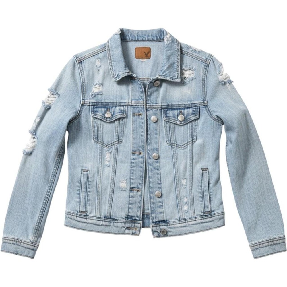 American Eagle Outfitters light blue denim jacket with distressed details size M